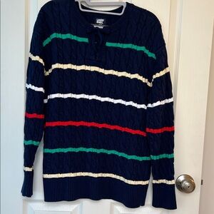 Lands End Navy Blue Striped Cable Knit Sweater